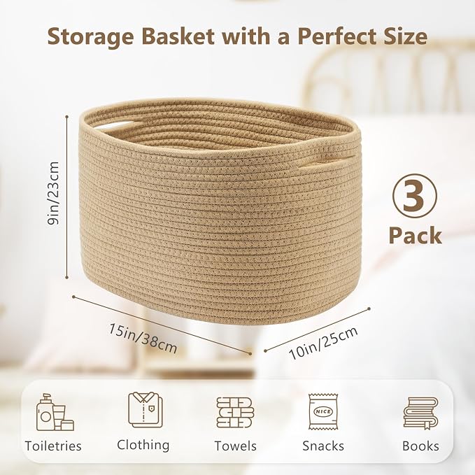 ECDYQXVU 15x10x9 Inch Woven Cotton Rope Storage Basket, 3 Pack | Foldable Design, Built-in Handles, Space-saving Organizer for Living Room, Bedroom, Laundry, Shelves, Clothes, Towels
