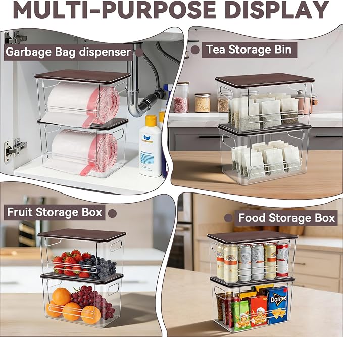 Trash Bag Dispenser Under Sink Organizer for Pantry, Kitchen | Acrylic Garbage Bag Dispenser, with Brown Bamboo Top & Handles, Extra Large, Keep Onions and Potatoes Neat, Clear, Stackable