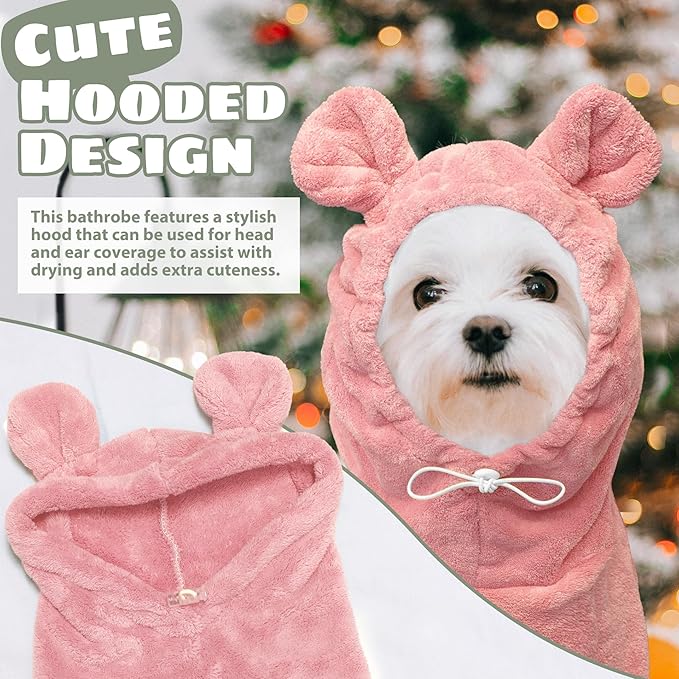 Dog Bathrobe Super Absorbent Towel Robe - Microfiber Bath Towels Fast Drying Coat for Dogs, Cute Dogs Clothes Adjustable Collar & Belly Strap Warm Keeping Hooded Dog Towel (Pink, XX-Large)