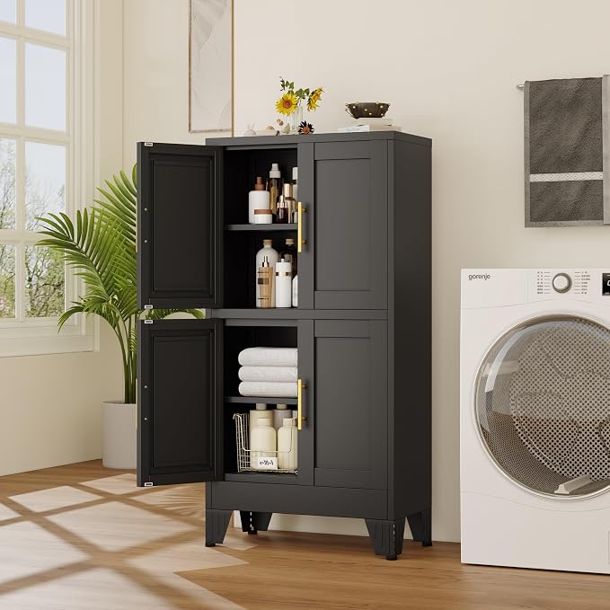 47” Black Metal Bathroom Storage Cabinet, Kitchen Pantry Cabinet | Steel Storage Cabinet with Doors and 3 Adjustable Shelves, Bathroom cabinets Organizer, for Home Office, Bedroom
