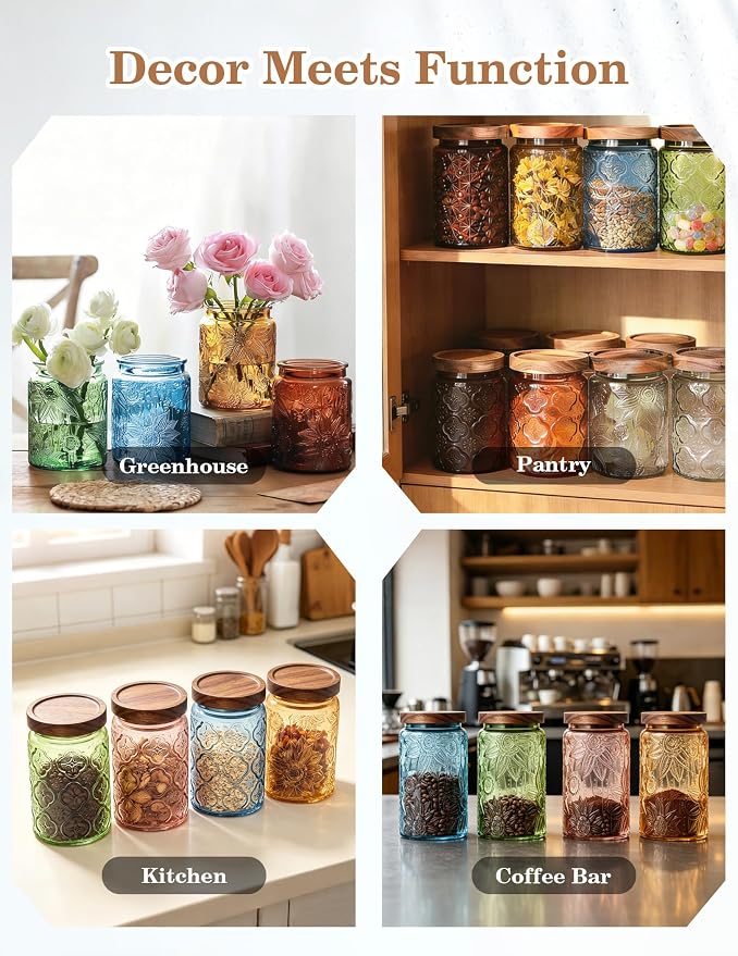 Glass Jar with Airtight Wood Lid – 34 OZ Kitchen Bathroom Pantry Canister, Decorative Vintage Storage Container for Candy, Coffee, Cookie, Cereal, Sugar, Tea, Pet Treat, Bath Salt, Green Begonia