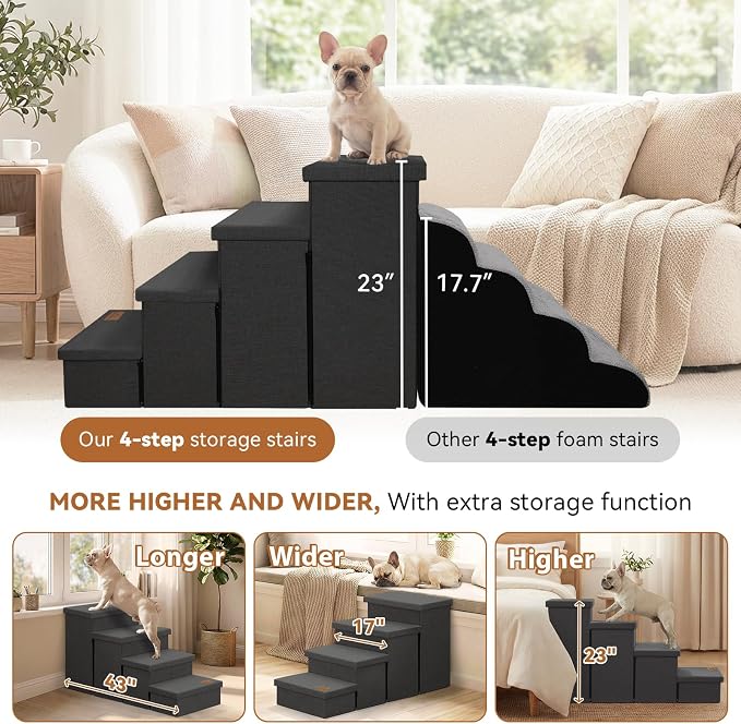Zerbuger Dog Stairs with Storage, Dark Grey 4 Steps Dog Ramp no Condo | 23" H Wider Dog Steps for High Beds Couch, Folding Storage Pet Stairs Gift for Climbing Small/Medium/Large Old Dogs Cats