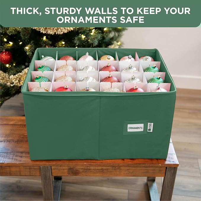 Christmas Ornament Storage Container with Dividers - Box Stores Up to 96 Ornaments, Zippered, Convenient, Adjustable, Large Organizer Bin to Protect Holiday Décor, Fits Most Standard Size, Green