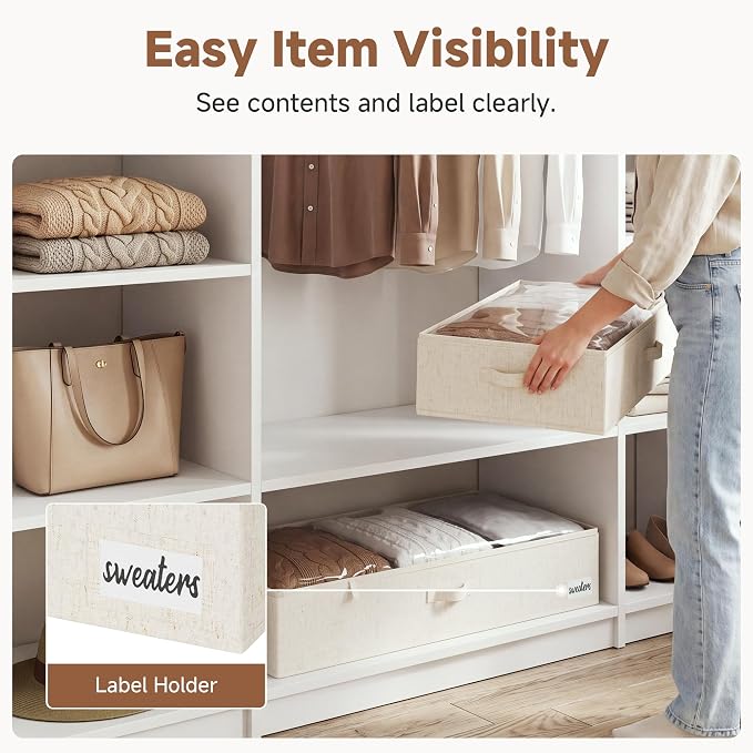 StorageWorks 7 Inch Low Profile Under Bed Storage Containers with Clear Lid | Reinforced Structure, Resists Sagging, Handles & Label Holder, Foldable Stackable Closet Storage for Clothes, Blankets, Toys