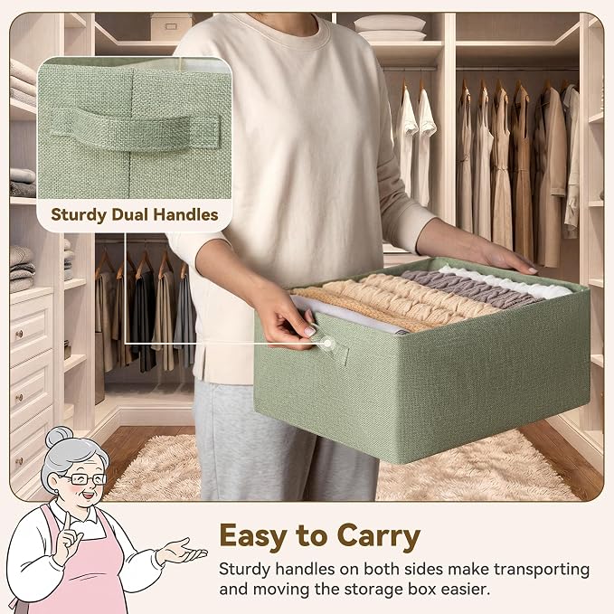 GRANNY SAYS Fabric Storage Baskets, Storage Bin, Sage Green, Large, 2-Pack | With Metal Frame, Foldable, Sturdy Handles, for Closet, Shelf, Living Room, Bedroom, Holds Blankets, Clothes, 17"x13"x7"