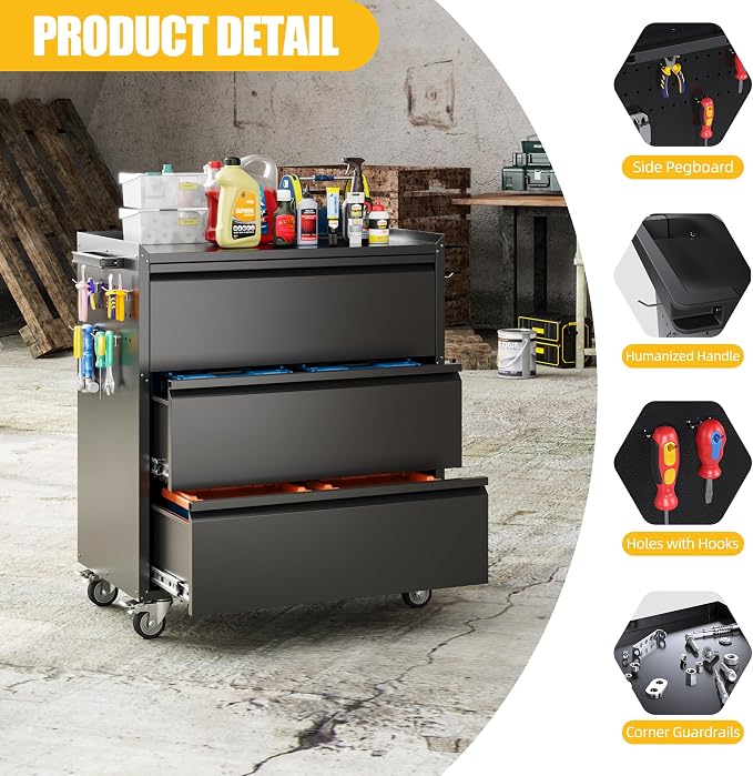 Garage Storage Cabinet with Wheels and Pegboard, Metal Rolling Tool Storage Cabinet with 3 Drawers for Garage, Home, Warehouse, Basement, Assembly Required, Black