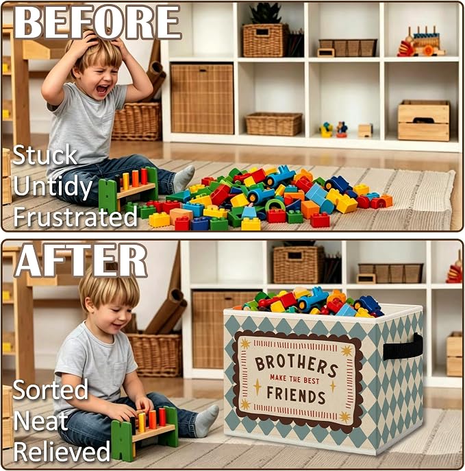 Boy Nursery Playroom Cube Storage Bins with Handles, Brothers Make the Best Friends Collapsible Fabric Storage Basket Boxes Books Clothes Organizer for Kids Boys Room Bedroom Bathroom