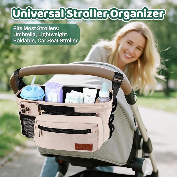 Universal Stroller Organizer with Cup Holder: Non Slip Strap Stroller Caddy | Stroller Bag with Detachable Phone Bag, Fits for Uppababy, Baby Jogger Stroller Accessories, Christmas New Moms Baby Gifts