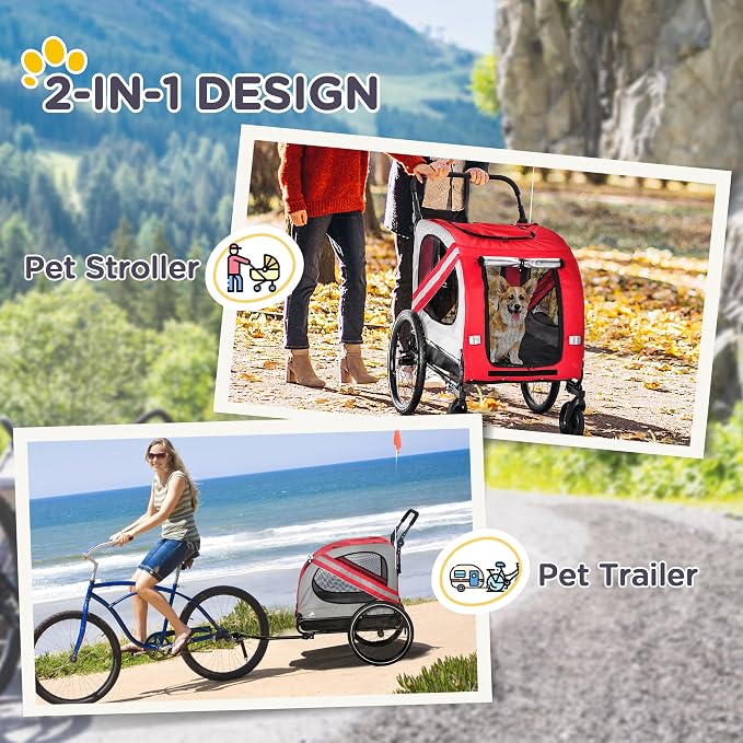 2-in-1 Pet Bike Trailer for Small Dogs, Road-Visibility Bicycle Stroller, Weather-Strong Bike Wagon Trailer Sidecar Attachment, Red
