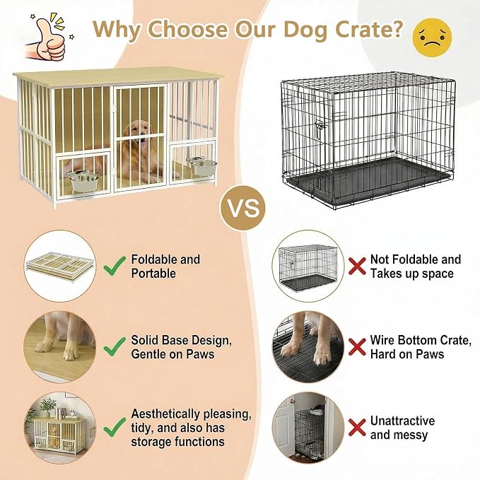 Hadulcet 41'' Foldable Dog Crate Furniture, Large Dog Kennel with 2 Bowls | Wooden Crate Table with Storage Top, Furniture Style Indoor Kennel for Small to Large Dogs with Rotating Food Door, Oak