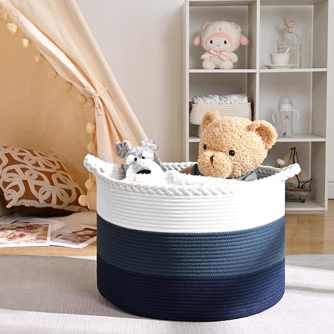 67L Large Woven Blanket Basket, Cotton Rope Baby Laundry Hamper with Handles, Kids Toy Basket for Classroom & Nursery, Soft Round Stuffed Animal Storage, Dog Toy Bin - 20"x13", Dark Blue