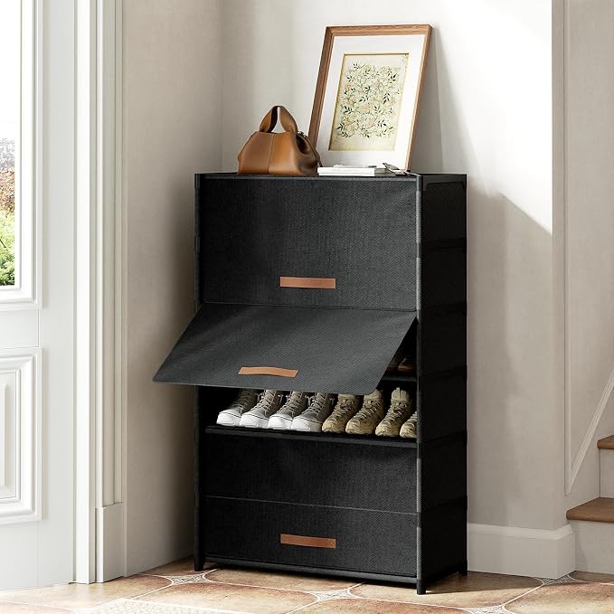 7 Tier Shoe Cabinet with Door, 28-Pair Storage, Black | Tall Design Saves Floor Space, Door Blocks Dust & Pets, Holds Heels to Boots, Quick Assembly with Connectors