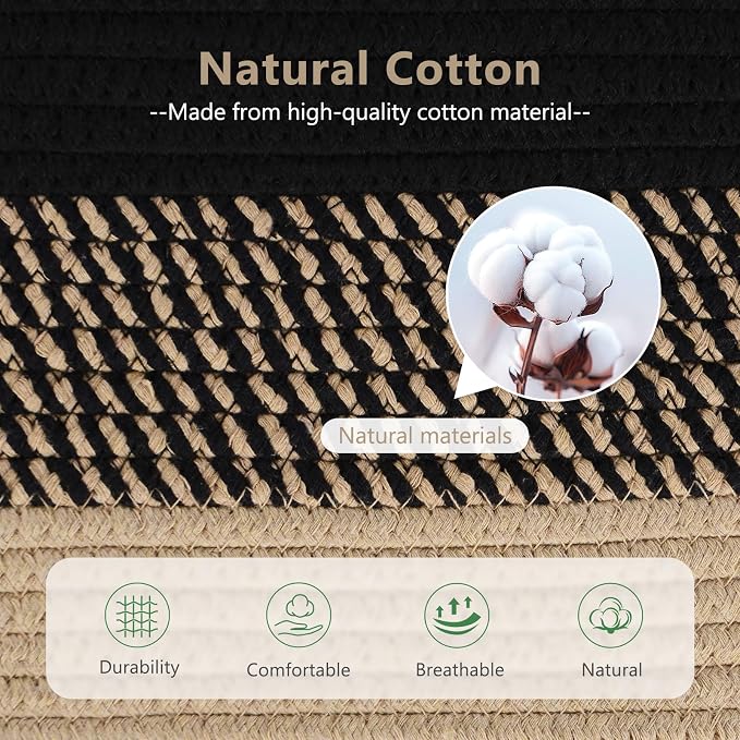 ECDYQXVU 15x10x9 Inch Woven Cotton Rope Storage Basket, 1 Pack | Foldable Design, Built-in Handles, Space-saving Organizer for Living Room, Bedroom, Laundry, Shelves, Clothes, Towels