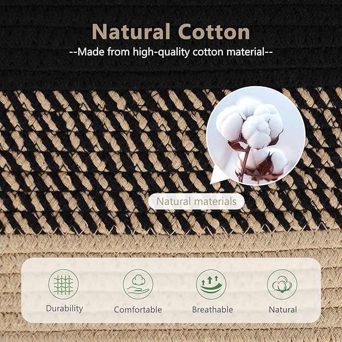 ECDYQXVU 15x10x9 Inch Woven Cotton Rope Storage Basket, 2 Pack | Foldable Design, Built-in Handles, Space-saving Organizer for Living Room, Bedroom, Laundry, Shelves, Clothes, Towels
