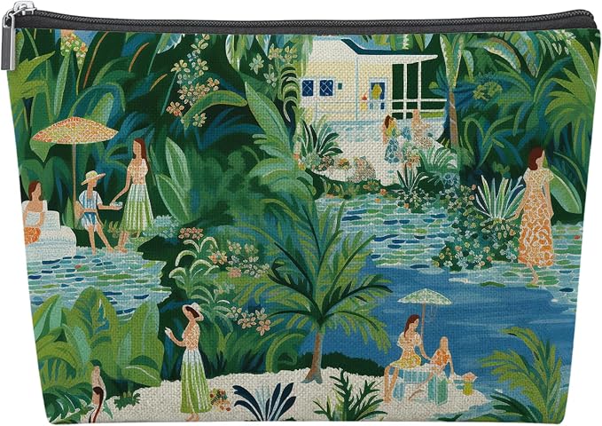 Green Summer Tropical Beach Empty Mahjong Tile Bag 13x7.8 Inch, | Palm Tree Printed Portable Travel Case Organizer Zipper Pouch for American Mahjong Tiles Game Night Accessories and Gifts