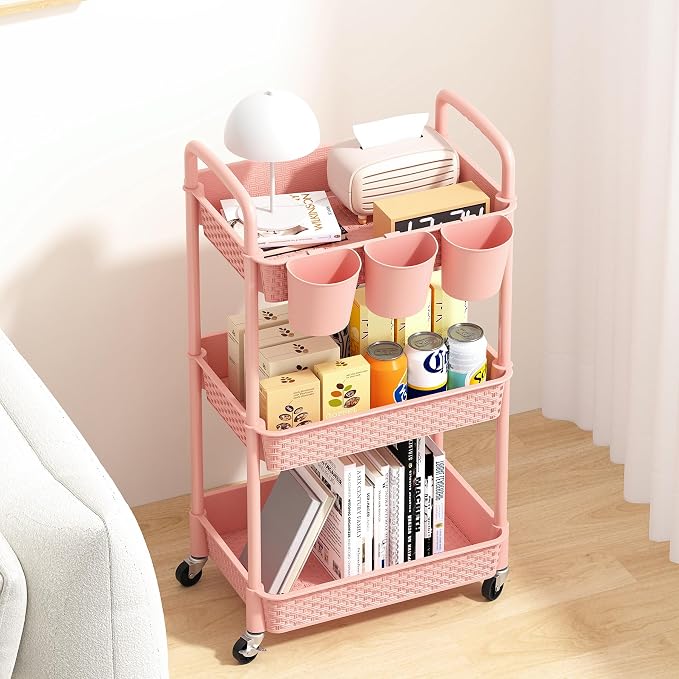 MOYIPIN 3-Tier Plastic Rolling Utility Cart with Handle,Pink | Utility Storage Cart for Office, Living Room, Kitchen,Movable Storage Organizer，Easy installation，Rattan-like art design