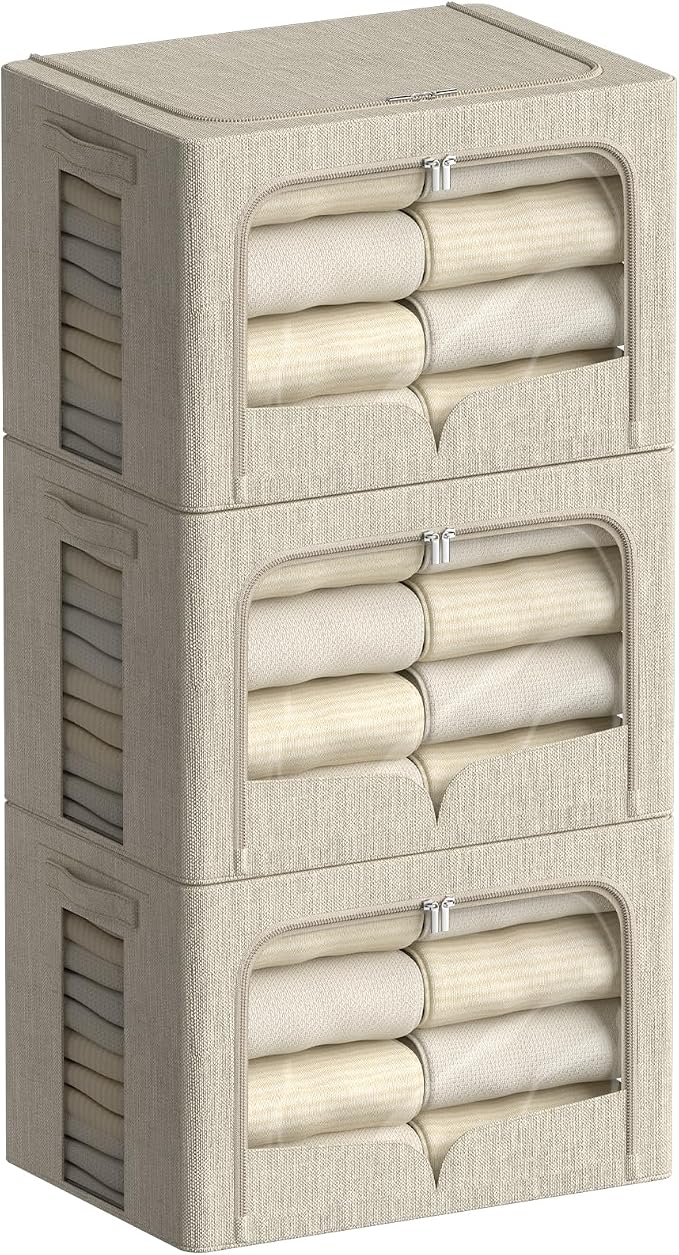 FHSQX 3 Pack Clothes Storage Bins - Foldable Metal Frame Storage Box - Stackable Linen Fabric Container Organizer Set with Carrying Handles and Clear Window (Beige, 15.7x11.8x9.8inch(30L))