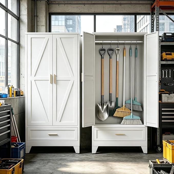 71" H White Storage Cabinet with Doors,Metal Storage Cabinets,Garage Cabinet,Broom Closet Storage Cabinet,Utility Cabinet