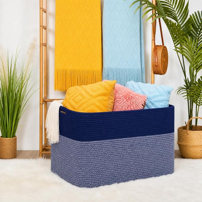 112L Extra Large Blanket Basket Holder Living Room, 25"x17"x16" Rectangle Rope Woven Storage Basket with Handles for Laundry, Towels, Shoes, Dog Toy Organizer Bin Box, Navy Blue