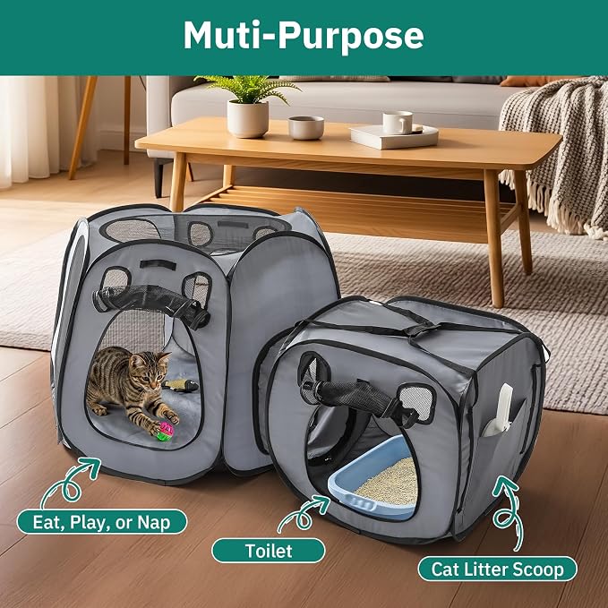 Cat Playpen with Separate Litter Box Area, Large Foldable Waterproof Cat Tent - 600D Oxford, Portable Indoor/Outdoor Pet Enclosure, Cage, House & Condos with Carrybag for Kittens, Small Dogs