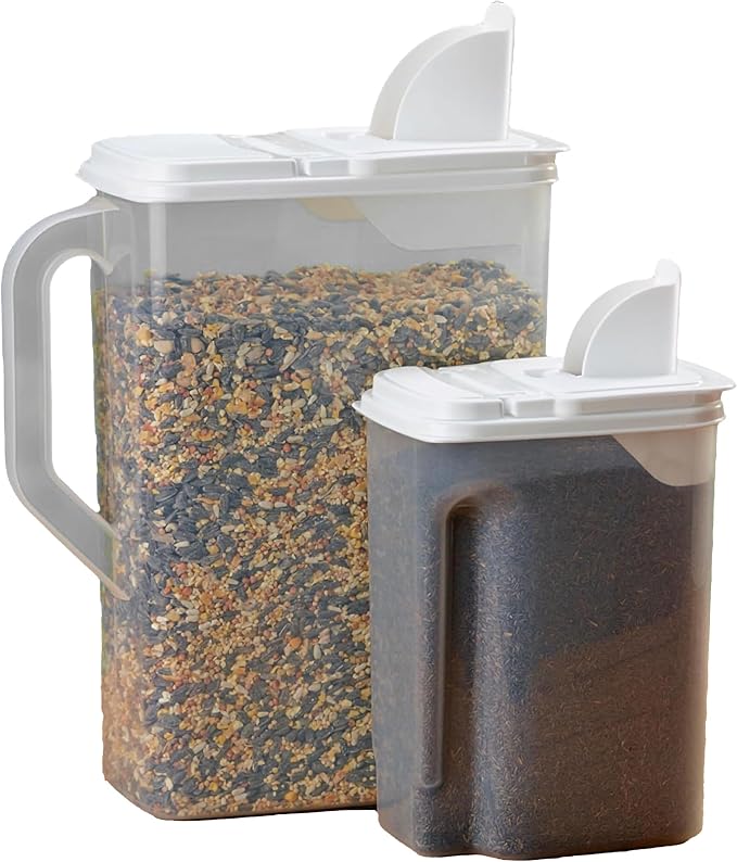 Buddeez Pet Food Storage Containers - 2 Count Bird Seed Dispenser with Pour Tight Lids and Easy Pour Spouts, 8 Qt and 3.5 Qt, Bird Seed Storage for Small and Large Feed, BPA Free