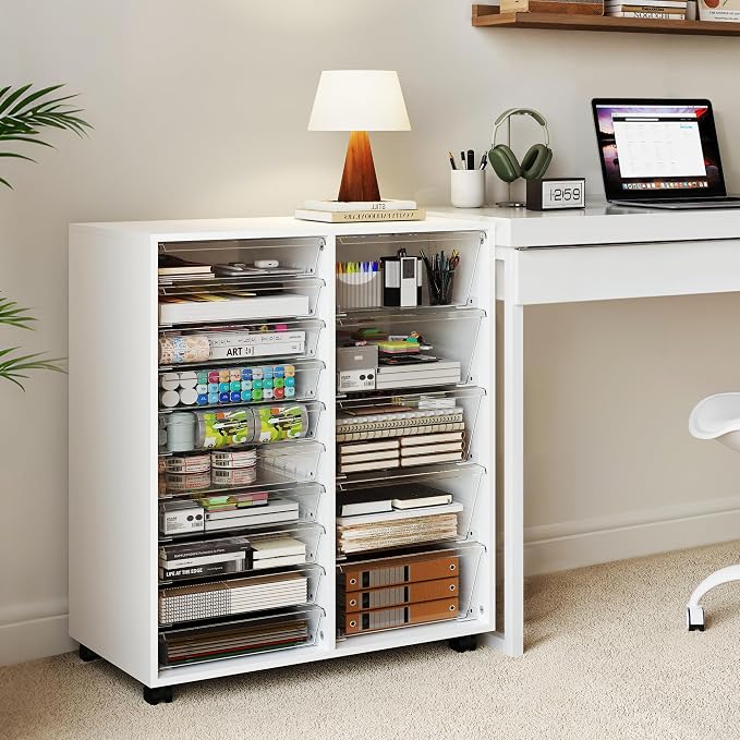 Mobile Storage Cabinet with 15 Clear Drawers, Modern White | Craft Cabinet with 5 Large Drawers, Cart with Wooden Tabletop, Printer Stand Home Office, Dresser Chest