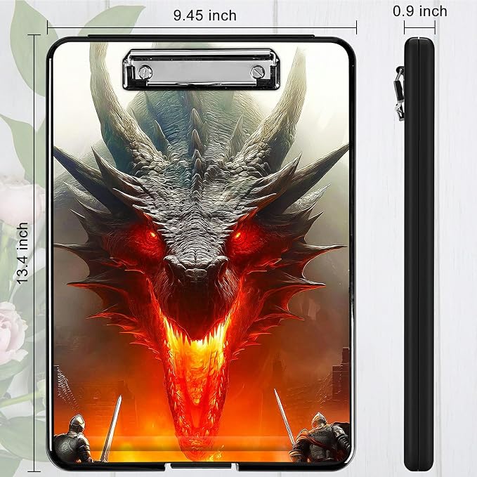 Heavy Duty Storage Clipboard, Slim Nursing Clipboard with Internal Pen Case, Portable File Organizer Case for A4 Letter Size Paper Office Medical Professionals, Grey Flame Dragon