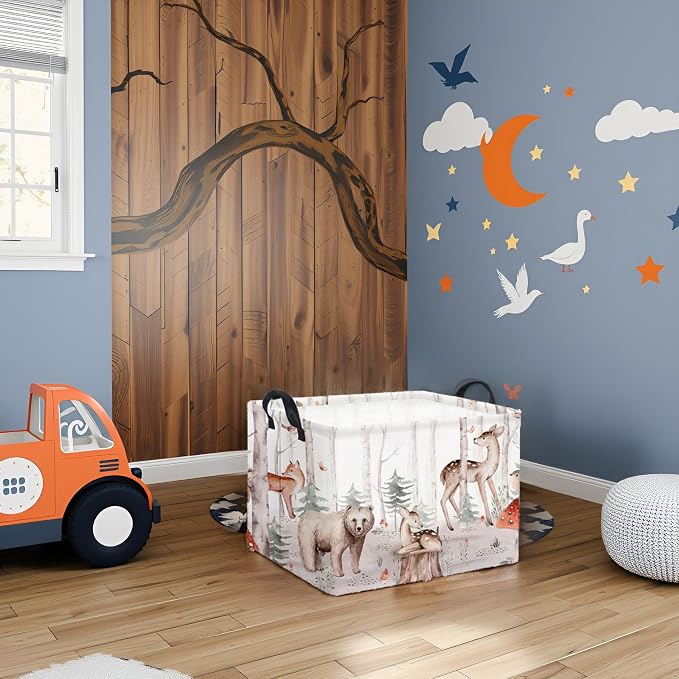 Rectangular Woodland Animal Basket Kids Baby Storage Basket Cute Storage Bin Organizer Shelf Book Woodland Room Decor(Woodland Animal)
