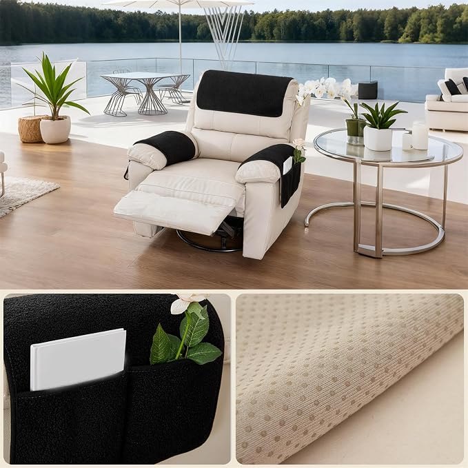 Sherpa Fleece Armrest and Headrest Covers with 2 Pockets | Soft fleece with nonslip silicone backing helps protect leather and fabric furniture from pet scratches machine washable
