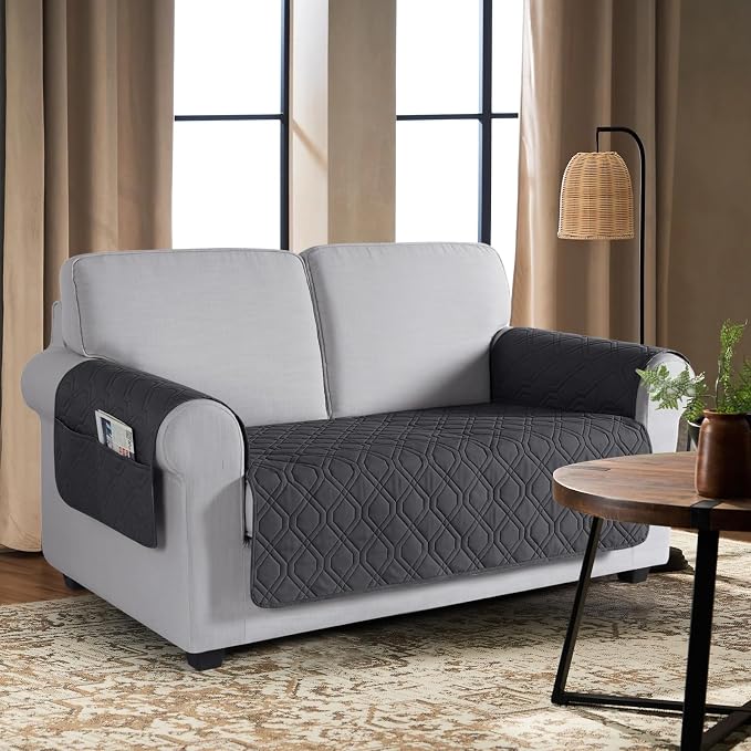 VANSOFY Waterproof Loveseat Couch Cover for Pets, Charcoal Gray, 54" | Non-Slip, Washable, Utility Pockets, Pet Friendly, Furniture Protector Slipcover for 2 Cushion Plus Couch