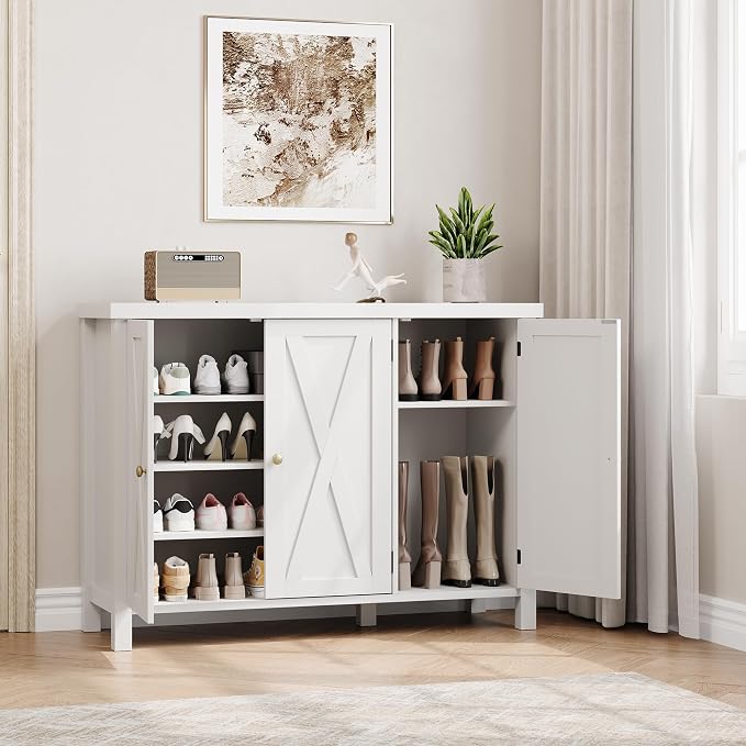 CABIHOME Farmhouse Shoe Cabinet with 3 Barn Doors & Wood Legs, 5-Tier Shoe Storage Cabinet with 3 Adjustable Shelves, Tall Shoe Rack Organizer for Closet, Shoe Organizer for Entryway, Hallway, White