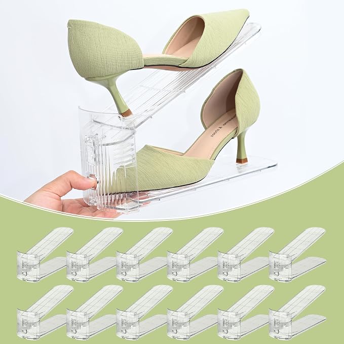 12-Pack Adjustable Shoe Slots Organizer for Closet, Clear | 12 transparent PET shoe stackers organize up to 12 pairs; 3 adjustable height levels for sneakers, heels, and flats.