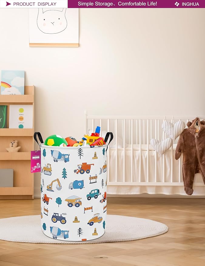 Laundry Hamper Large Canvas Fabric Storage Basket Vehicles | Organizer Bin Dirty Clothes Collapsible Waterproof for College Dorms, Boys and Girls Bedroom,Bathroom