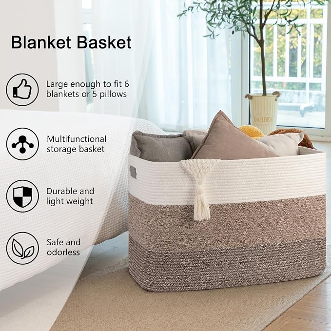 OIAHOMY 108L Extra Large Blanket Basket Dog Toy Basket radient Dark Brown | Rectangle Woven Baskets for Storage Cotton Rope Basket For Living Room Toy Storage Blanket Storage Laundry Basket