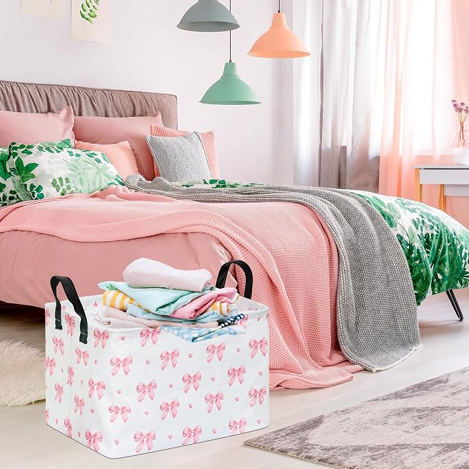 Pink Bow Canvas Storage Basket Waterproof Laundry Hamper with Leather Handles Collapsible Decorative Bin for Girls Bedroom Toys Clothes Gift Giving