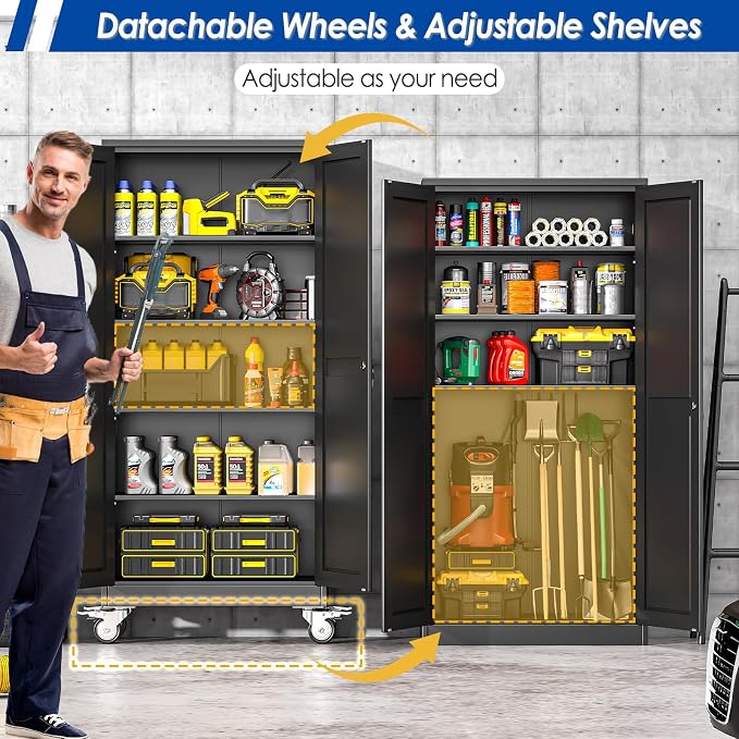 GAIOUS Metal Garage Storage Cabinet with Lock, Steel Tool Cabinet with 2 Door and 4 Adjustable Shelves, 71” Tall Lockable File Cabinet with Wheels, Rolling Cabinet for Home Office Garage Gym - Black