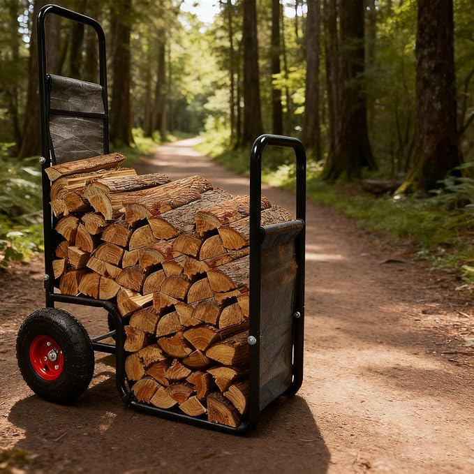 Doublehorse Firewood Cart 27x20x44 in Steel Pneumatic Wheels Gray | Heavy Duty Metal Waterproof Portable Storage Rack for Outdoor Camping Backyard Fireplace Indoor Use