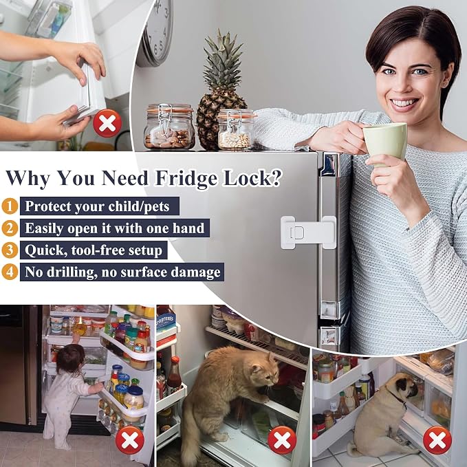 French Fridge Locks for Kids, 1 Pack Baby Safety Refrigerator Lock, Pet/Child Proof Freezer Latch, Cabinet Cupboard Lock with 3M Adhesive, Tool-Free, Drill-Free Install (Pearl White)
