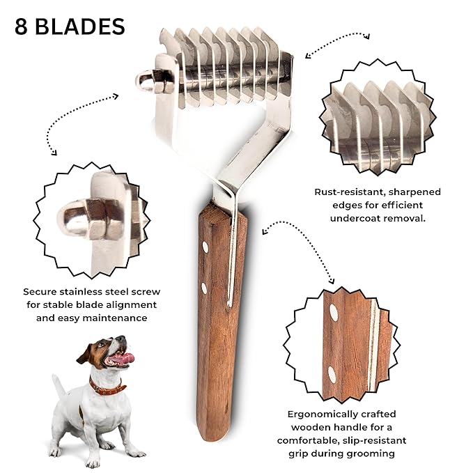Undercoat Dematting Rake for Dogs & Cats – Grooming Tool with Stainless Steel Teeth & Wood Handle – Undercoat Remover for Thick & Matted Pet Fur (8 Blades)