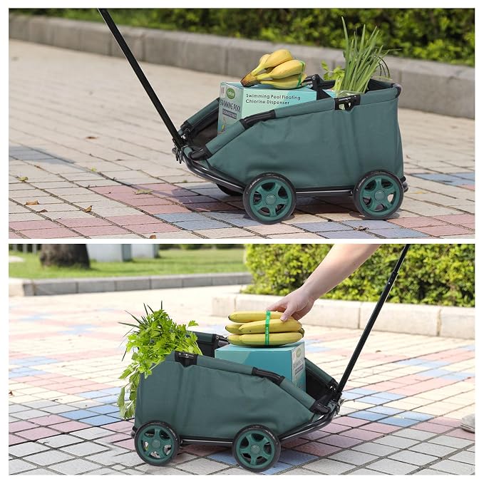 Mini Dog Strollers for Mini Pets, Foldable Multifunctional Shopping Carts with Extendable Pull Handle, Doggie Wagon Built-in Cushion and Safety Rope with Storage Bag (Dark Green)