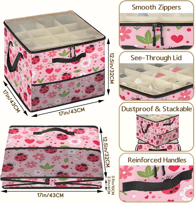 TropicalLife Floral Ladybugs Shoe Organizer for Closet | Foldable Shoe Storage Box Bin 16-32 Pair Shoe Storage for Sneakers, Boots & Heels with Adjustable Dividers, Clear Cover