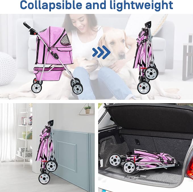 Best 4 Wheels Pet Stroller for Dog and Cat Stroller, Lightweight and Foldable Carrier Strolling Cart W/Cup Holders Removable Liner for Small and Medium Dog Cat or Pet - Pink