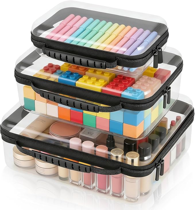 3 Pack Clear Hard Shell Zipper Storage Case Deep Capacity Organizer Pouches | PET Waterproof Transparent Bags with Handle 1.2mm Thick for Makeup Toiletries Cosmetics Toys Art Supplies Travel Essentials