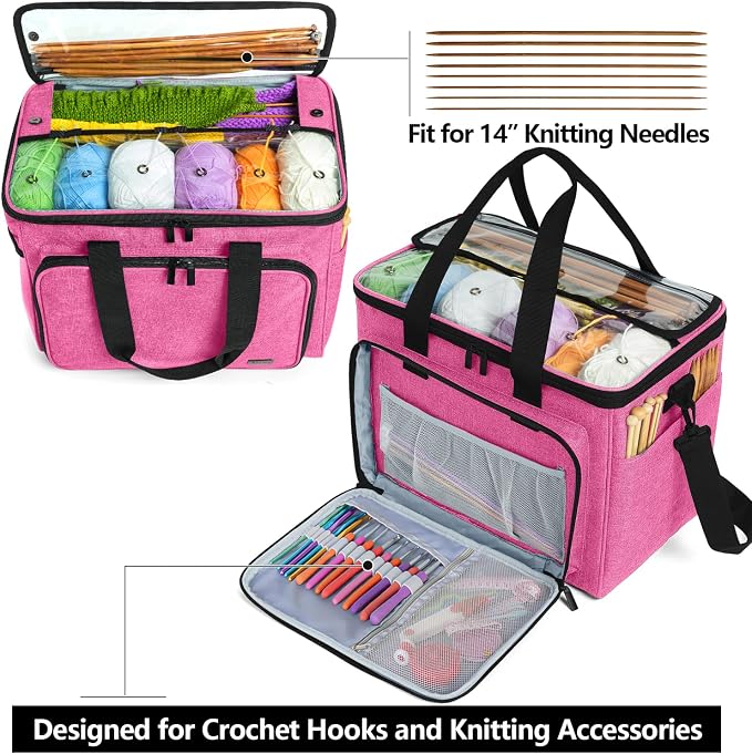 Teamoy Knitting Bag, Yarn Storage Organizer Crochet Bag Tote, Pink | Yarn Holder with Inner Divider(Sewn to Bottom) for Crochet Hook, Knitting Needles(Up to 14"), Project and Crocheting Supplies