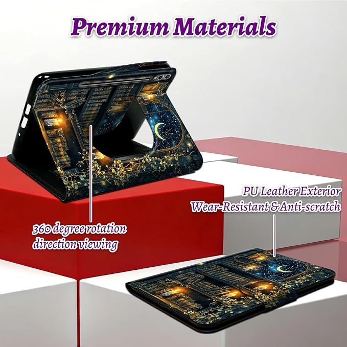 Rotating Handle Case for Samsung Galaxy Tab S10 Plus 2024/S9 FE+/S9 Plus 12.4 Inch 2023, 360 Degree Swivel Kickstand with Magnetic Closure Leather Protective Cover, Vintage Candle Books