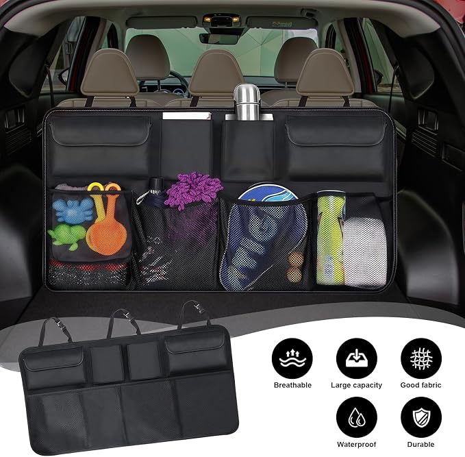 Car Trunk Organizer, Trunk Hanging Large Storage with Adjustable Straps, Waterproof Collapsible Cargo Storage Bag with 4 Pockets & 4 Mesh Pouches, Car Interior Accessories for SUV, Truck