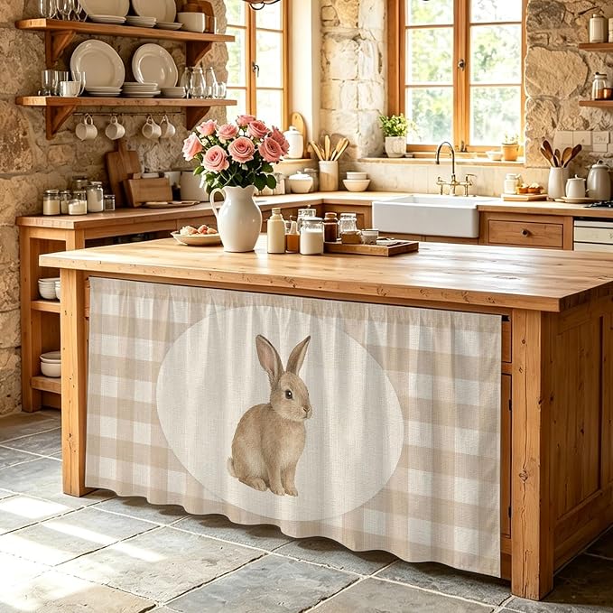 Rabbit Plaid Sink Skirt for Bathroom, Self-Adhesive Under Sink Curtain, Rustic Farmhouse Checkered Retro Animal Hide Pipes & Storage Fabric Cabinet Skirt Cover for Kitchen Laundry 32"x55"