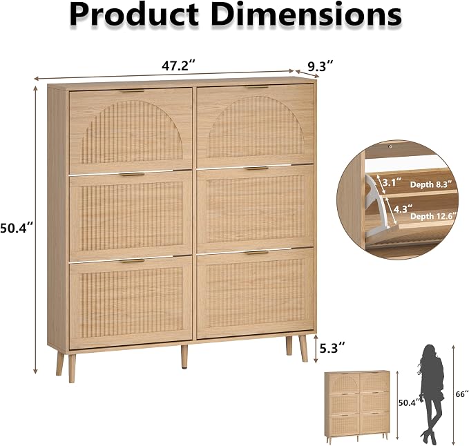 BORNOON Shoe Cabinet for Entryway with 6 Flip Drawers, Slim Wooden Shoe Storage Organizer with Modern Fluted Pannel，Freestanding Narrow Hidden Shoe Rack for Hallway, Foyer, Living Room