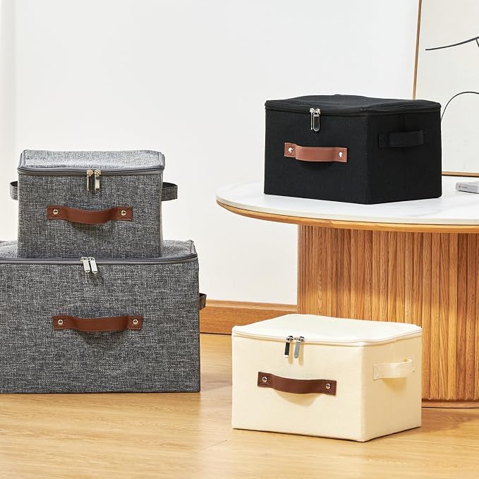 Storage Bins with Zipper Lids Decorative Lidded Baskets Boxes | Clothes Container, Closet Shelf Organizer, Foldable Washable, Cotton Linen Fabric, w/ PU Leather Handles, Gray, Large