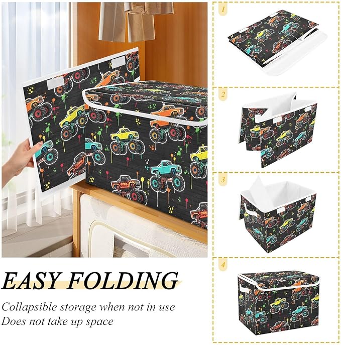 Storage Bins with Lid Monster Truck Foldable Storage Boxes 40L Baskets | Decorative Storage Boxes, Dust-Proof Flip Top, Reinforced Handles, For Home & Bedroom, Clothes & Toy Box, Oxford Fabric Print